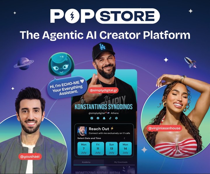 POP.STORE — The Agentic AI Creator Platform. Real creators @youshaei, @simplydigital.gr, @virginiasanhouse using POP.STORE with ECHO-ME as their AI assistant.